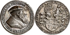 Leonhard Freiher zu Vells. Médaille en argent 1543, par Ludwig Neufarer. LEONHARD FREIHER ZV VELLS HOFMAISTER VND Buste coiffé d'un chapeau à droite. ...