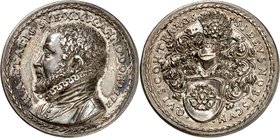 Médaille en argent 1572, par Balduin Drentwett. H A AETATIS SVE XXX ANNO DOM 1572 Buste habillé à gauche. / SI DEVS NOBISCVM QVIS CONTRA NOS Ecusson s...