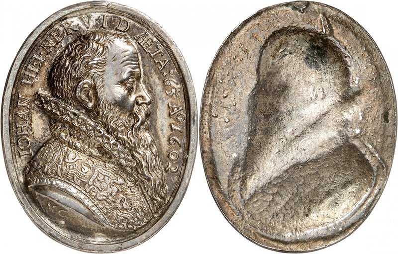 Johan Hefner. Médaille ovale uniface en argent 1602, par Matthäus Carl. IOHAN HE...