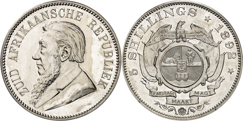 République, 1852-1902. 
5 Shillings 1892. FRAPPE sur FLAN BRUNI. Buste de Paul ...