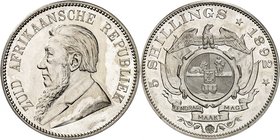 République, 1852-1902. 
5 Shillings 1892. FRAPPE sur FLAN BRUNI. Buste de Paul Kruger à gauche / Armoiries et devise. Valeur et date au-dessus. KM 8....