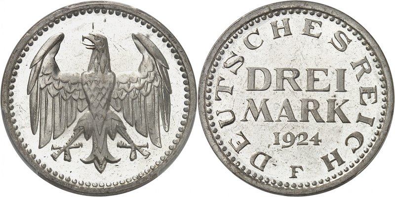 République de Weimar, 1918-1933. 
3 Mark 1924 F, Stuttgart. FRAPPE sur FLAN BRU...