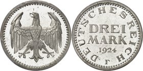 République de Weimar, 1918-1933. 
3 Mark 1924 F, Stuttgart. FRAPPE sur FLAN BRUNI. Aigle aux ailes éployées, de face, la tête à gauche / Valeur, date...