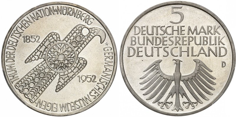 République fédérale d'Allemagne, 1949-. 
5 Mark 1952 D, Munich. FRAPPE sur FLAN...