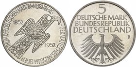 République fédérale d'Allemagne, 1949-. 
5 Mark 1952 D, Munich. FRAPPE sur FLAN BRUNI. Aigle germanique à droite / Valeur au-dessus d'un aigle stylis...
