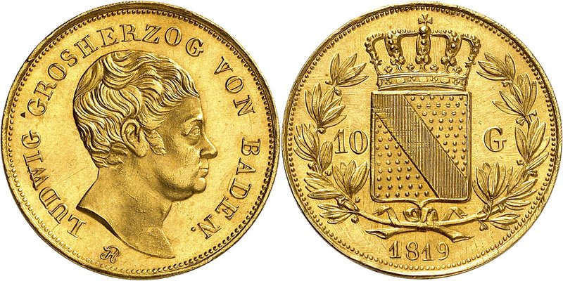 Bade
Louis, 1818-1830. 
10 Gulden 1819. Tête nue à droite / Ecu couronné coupa...