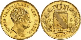 Bade
Louis, 1818-1830. 
10 Gulden 1819. Tête nue à droite / Ecu couronné coupant la valeur, le tout dans une couronne de laurier. Date au-dessous. T...