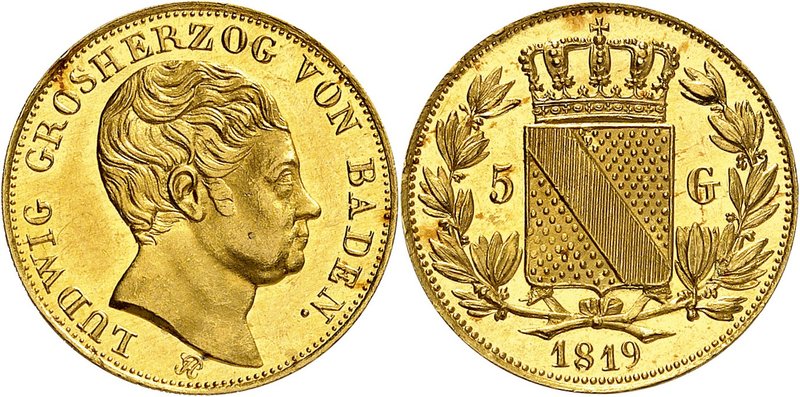 Bade
Louis, 1818-1830. 
5 Gulden 1819. Même type que précédemment. 3,43g. Fr. ...