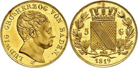 Bade
Louis, 1818-1830. 
5 Gulden 1819. Même type que précédemment. 3,43g. Fr. 150; Wielandt 838a. 
PCGS MS63+PL. Superbe exemplaire.
Seulement 695...