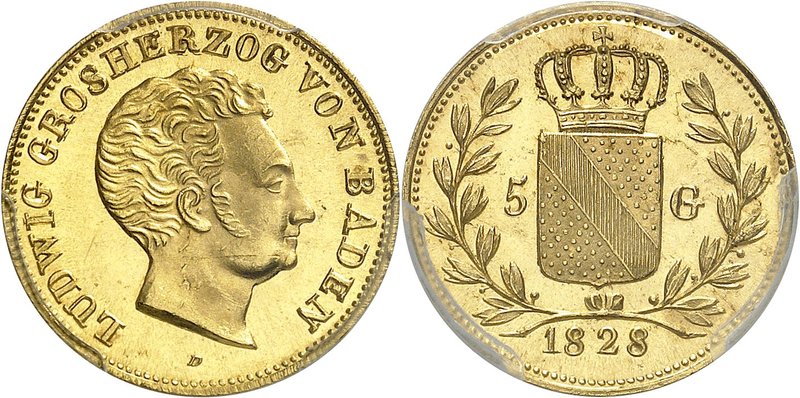 Bade
Louis, 1818-1830. 
5 Gulden 1828. Tête nue à droite / Ecu couronné coupan...