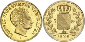 Bade
Louis, 1818-1830. 
5 Gulden 1828. Tête nue à droite / Ecu couronné coupant la valeur, le tout dans une couronne de laurier. Date au-dessous. Fr...