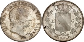 Bade
Louis, 1818-1830. 
2 Gulden 1822, Mannheim. Tête nue à droite / Ecu couronné et valeur dans une couronne de laurier. Date à l'exergue. Tranche ...