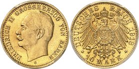 Bade
Frédéric II, 1907-1918. 
10 Mark 1913, Karlsruhe. Tête nue à gauche / Petites armoiries disposées sur une aigle aux ailes éployées, la tête à g...