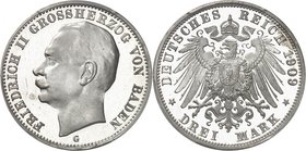 Bade
Frédéric II, 1907-1918. 
3 Mark 1909, Karlsruhe. FRAPPE sur FLAN BRUNI. Tête nue à gauche / Petites armoiries disposées sur une aigle aux ailes...