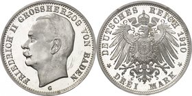Bade
Frédéric II, 1907-1918. 
3 Mark 1910, Karlsruhe. FRAPPE sur FLAN BRUNI. Tête nue à gauche / Petites armoiries disposées sur une aigle aux ailes...
