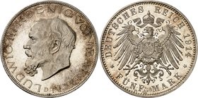 Bavière
Louis III, 1913-1918. 
5 Mark 1914 D, Munich. FRAPPE sur FLAN BRUNI. Tête nue à gauche. Lettre d'atelier au-dessous / Petites armoiries disp...