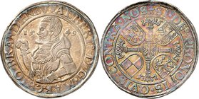 Brandebourg-Franconie
Albert le Jeune, 1543-1557. 
Taler 1549, Erlangen. Buste cuirassé à gauche, coupant la date / Croix feuillue cantonnée de quat...