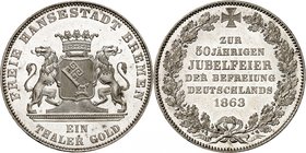 Brême
Taler 1863, Hanovre. Armoiries couronnées soutenues par deux lions / Inscription et date sur six lignes dans une couronne de chêne. Tranche ins...