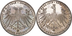 Francfort
2 Gulden 1848, Francfort. Aigle bicéphale aux ailes éployées, de face / Aigle couronnée aux ailes éployées, de face, la tête à gauche. Tran...