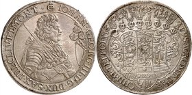 Saxe 
Jean Georges, 1680-1691. 
Taler 1689, Dresde. Buste cuirassé à droite, face à un heaume à cimier / Armoiries surmontées de huit heaumes à cimi...