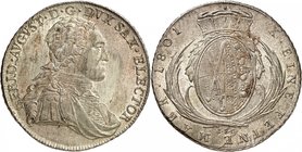 Saxe 
Frédéric Auguste, duc puis roi, 1763-1827. 
Taler 1801, Dresde. Buste cuirassé et drapé à droite / Armoiries ovales couronnées entre deux palm...