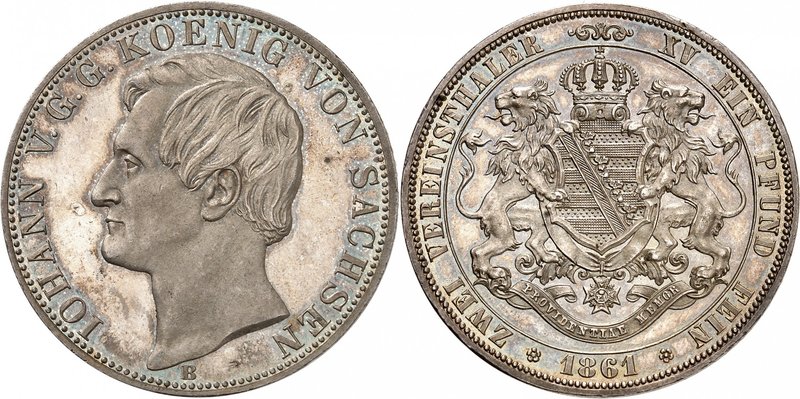 Saxe 
Jean, 1854-1873. 
Double Taler 1861, Dresde. Tête nue à gauche / Armoiri...
