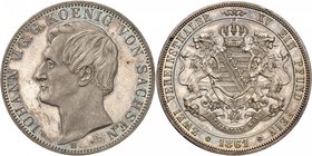 Saxe 
Jean, 1854-1873. 
Double Taler 1861, Dresde. Tête nue à gauche / Armoiries couronnées soutenues par deux lions. Date à l'exergue. 37,03g. Dav....