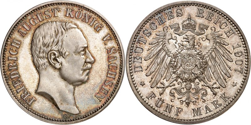 Saxe 
Frédéric Auguste III, 1904-1918. 
5 Mark 1907 E, Muldenhütten. FRAPPE su...