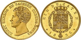 Saxe-Cobourg et Gotha
Ernest I, 1826-1844. 
Ducat 1836. Tête nue à gauche / Armoiries couronnées. Date au-dessous. Tranche striée. 3,49g. Fr. 2915; ...
