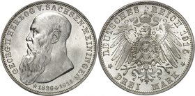 Saxe-Meiningen 
Georges II, 1866-1914. 
3 Mark 1915, Munich. Tête nue à gauche / Petites armoiries disposées sur une aigle aux ailes éployées, la tê...