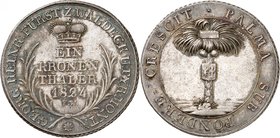 Waldeck 
Georges Henri, 1813-1845. 
Taler 1824, Arolsen. Valeur et date dans une couronne de laurier / Armoiries disposées sur le tronc d'un palmier...