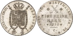 Westphalie
Jérôme Napoléon, 1807-1813. 
Taler de convention, 1er type, 1810 C, Cassel. Armoiries couronnées disposées sur deux colliers et deux scep...