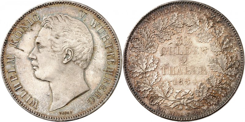 Wurtemberg 
Guillaume I, 1816-1864. 
Double Taler 1854, Stuttgart. Tête nue à ...