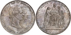 François-Joseph, 1848-1916. 
2 Gulden 1854 A, Vienne. Bustes accolés de François Joseph et d'Elisabeth de Bavière à droite. Lettre d'atelier à l'exer...