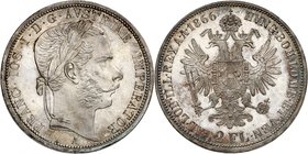 François-Joseph, 1848-1916. 
2 Gulden 1866 A, Vienne. Tête laurée à droite. Lettre d'atelier au-dessous / Armoiries entourées du collier de l'ordre d...