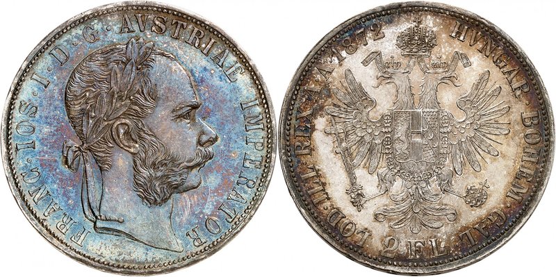 François-Joseph, 1848-1916. 
2 Gulden 1872, Vienne. Tête laurée à droite / Armo...