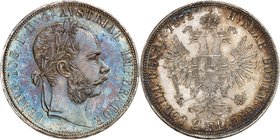 François-Joseph, 1848-1916. 
2 Gulden 1872, Vienne. Tête laurée à droite / Armoiries entourées du collier de l'ordre de la Toison d'or, sur une aigle...