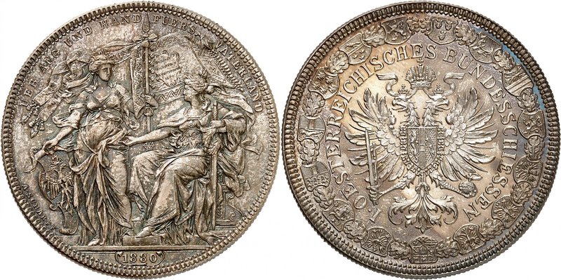 François-Joseph, 1848-1916. 
2 Gulden 1880, Vienne. Deux personnages féminins t...
