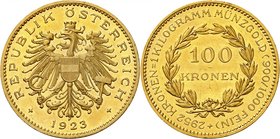 Première République, 1918-1938. 
100 Kronen 1923, Vienne. Ecusson autrichien sur une aigle aux ailes éployées tenant une faucille et un marteau dans ...
