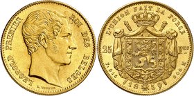 Royaume de Belgique
Léopold I, 1831-1865. 
25 Francs 1850Bruxelles. Buste nu à droite / Armoiries sur un manteau couronné. Tranche striée. 7,91g.Dup...