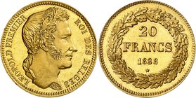 Royaume de Belgique
Léopold I, 1831-1865. 
20 Francs 1838, Bruxelles. EPREUVE en OR sur FLAN BRUNI. Tête coiffée d'une couronne de chêne à droite / ...