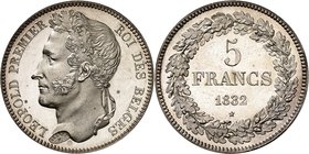 Royaume de Belgique
Léopold I, 1831-1865. 
5 Francs 1832, Bruxelles. ESSAI sur FLAN EPAIS. TRANCHE LISSE. Tête coiffée d'une couronne de chêne à gau...