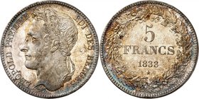 Royaume de Belgique
Léopold I, 1831-1865. 
5 Francs 1833, Bruxelles. Tranche position B. Tête coiffée d'une couronne de chêne à gauche / valeur et d...