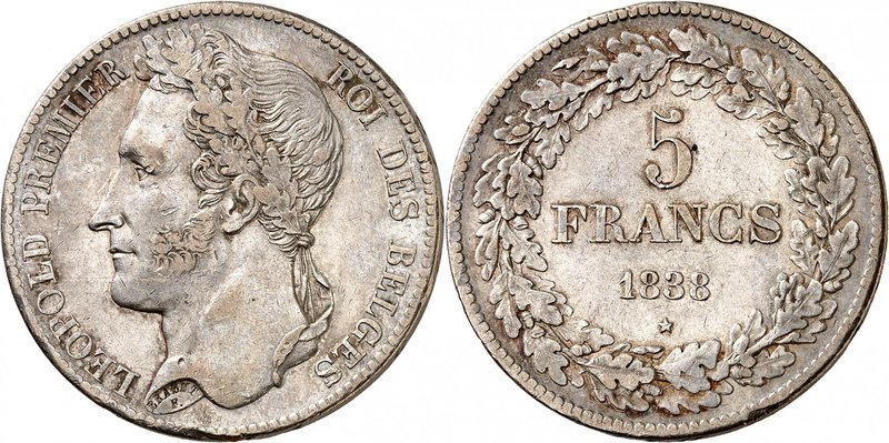 Royaume de Belgique
Léopold I, 1831-1865. 
5 Francs 1838, Bruxelles. Tranche p...