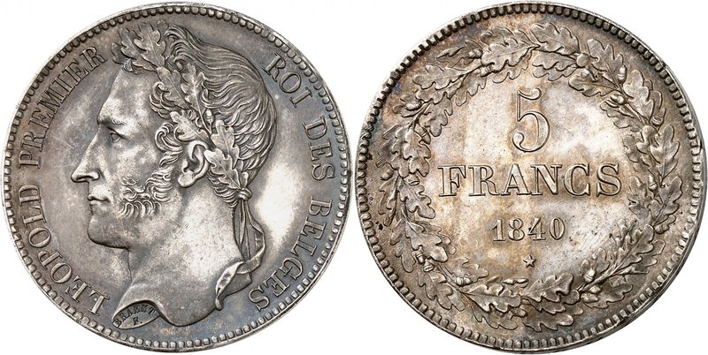Royaume de Belgique
Léopold I, 1831-1865. 
5 Francs 1840, Bruxelles. Tête coif...
