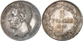 Royaume de Belgique
Léopold I, 1831-1865. 
5 Francs 1840, Bruxelles. Tête coiffée d'une couronne de chêne à gauche / valeur et date dans une couronn...