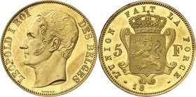 Royaume de Belgique
Léopold I, 1831-1865. 
5 Francs 18(47),Bruxelles. ESSAI en CUIVRE DORE. Buste nu à gauche / Armoiries couronnées, valeur de part...