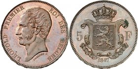 Royaume de Belgique
Léopold I, 1831-1865. 
5 Francs 1847, Bruxelles. ESSAI en CUIVRE. Buste nu à gauche / Armoiries couronnées, valeur de part et d'...