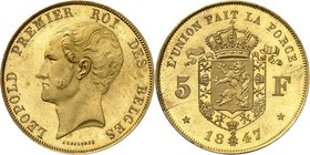 Royaume de Belgique
Léopold I, 1831-1865. 
5 Francs 1847, Bruxelles. ESSAI en CUIVRE DORE. Buste nu à gauche / Armoiries couronnées, valeur de part ...
