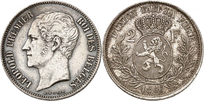 Royaume de Belgique
Léopold I, 1831-1865. 
2 Francs 1866,Bruxelles. ESSAI en A...